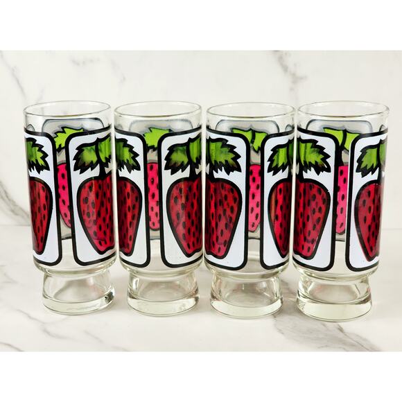 Libbey Strawberry Pedestal Tumbler Glass 16oz Retro 80's 6 1/2" x4 Vintage - Picture 6 of 14